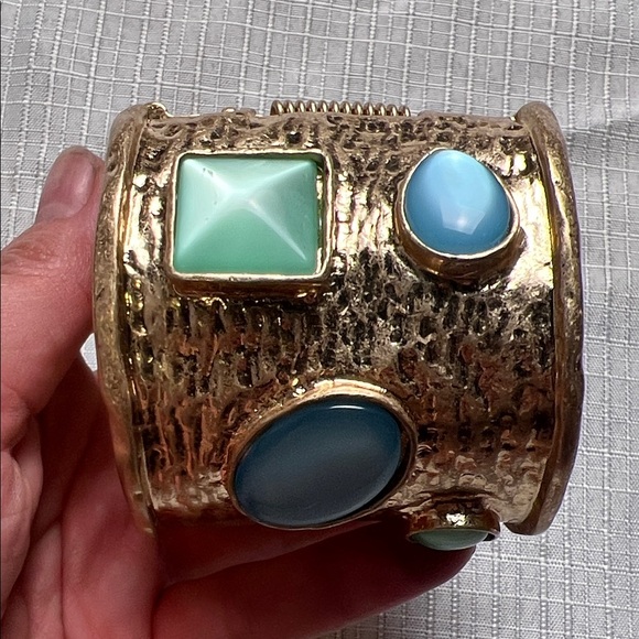 Chunky Gold Cuff with Blue and Green Accents - Picture 5 of 6